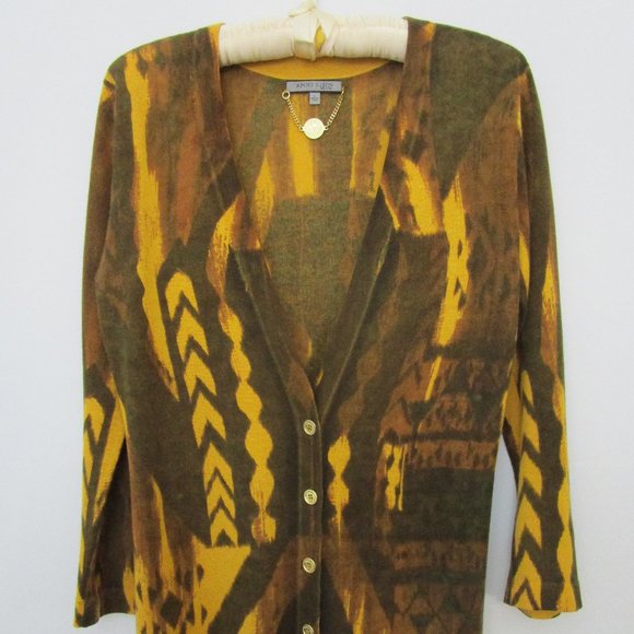 SILK CASHMERE Cardigan Sweater Knit Abstract Brown Gold Logo Button - Picture 10 of 10